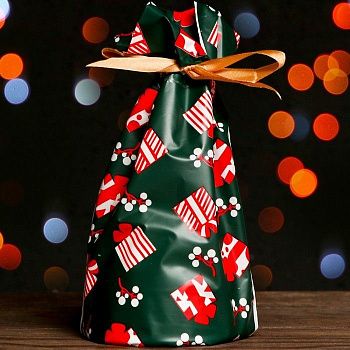 Пакет полиэтиленовый подарочный "Новогодние подарки", с завязками, 15х23см 1шт